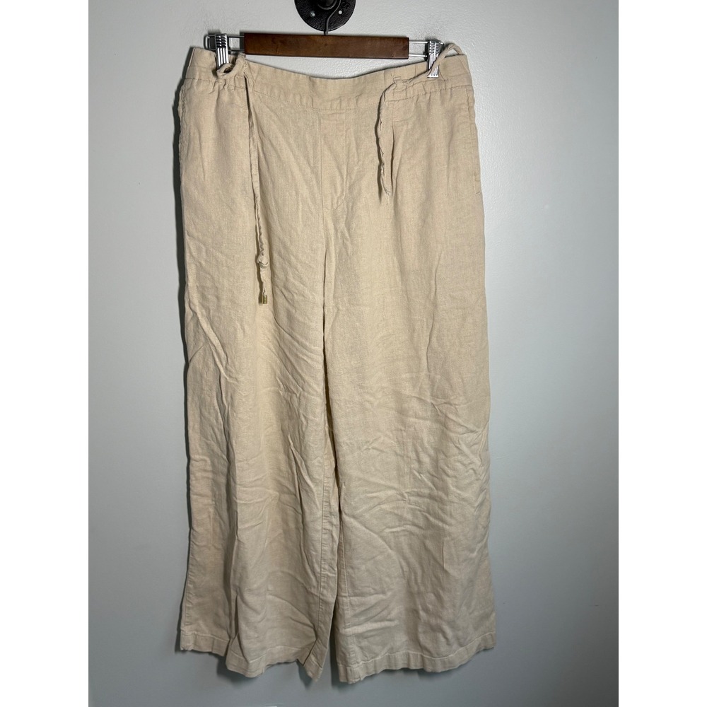 Zara Womens Beige Linen Blend Wide Leg Drawstring Pants Size L Large